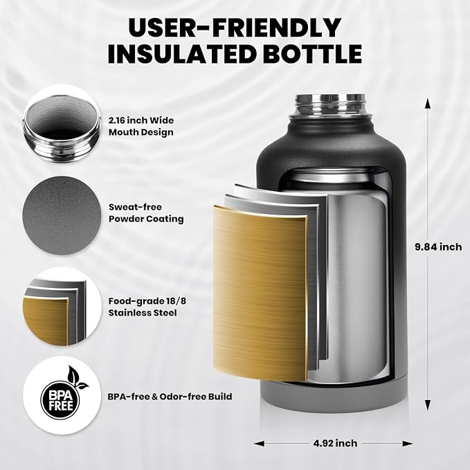 RAYMYLO Insulated Water Bottle 64 oz, Triple Wall Vacuum Stainless Steel | (Cold for 48 Hrs), Leak Proof & Non-BPA, Half Gallon Water Flask Jug with Paracord Handle & Straw Spout Lids, Dark Gray
