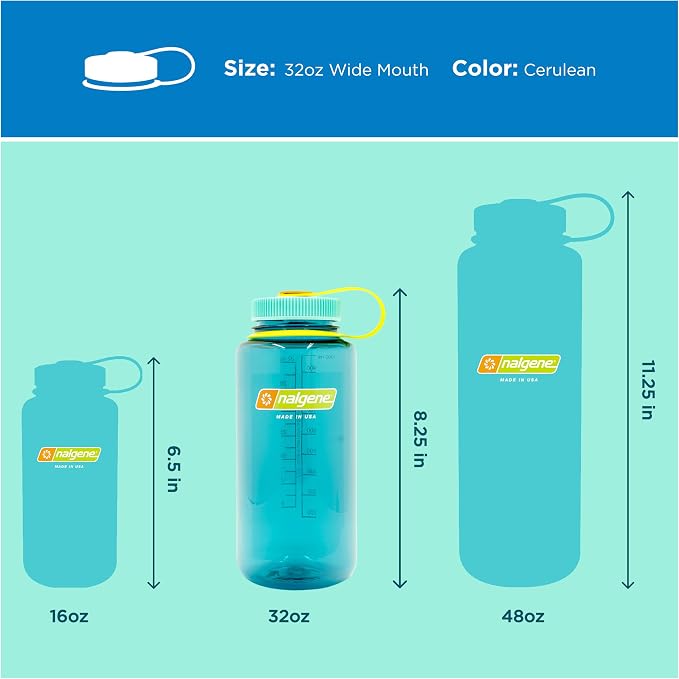 Nalgene 32 oz Wide Mouth Water Bottle, Cerulean | BPA-Free, Durable & Lightweight, Leak Proof, Dishwasher Safe, Large Reusable Plastic Bottle for Hiking, Gym, Work & Travel