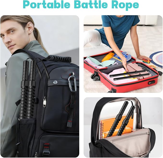 Ropeless Battle Ropes, Weighted Portable Workout Ropes For Home Gym 2PCS | Cordless Jump/Arm Exerciser With Non-Slip Gloves & Training Poster – HIIT, Low-Impact Cardio & Strength/Muscle Training
