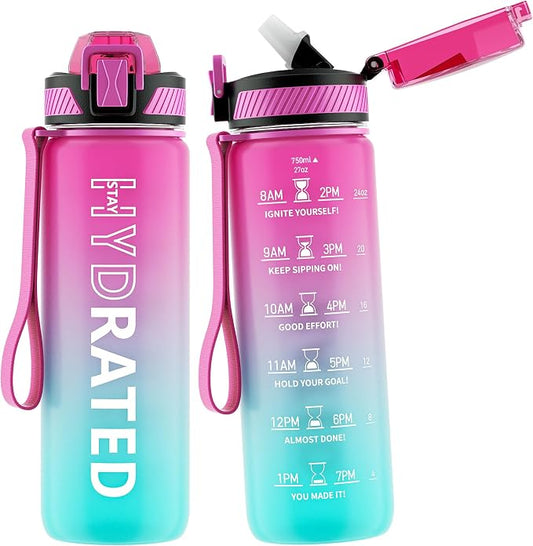QLUR Water Bottle with Straw, 27oz Motivational Water Bottles with Time Marker to Drink, Tritan BPA Free, 750ml Sports Water Bottle with Carry Strap LeakProof for School Fitness Outdoor (1Pack)