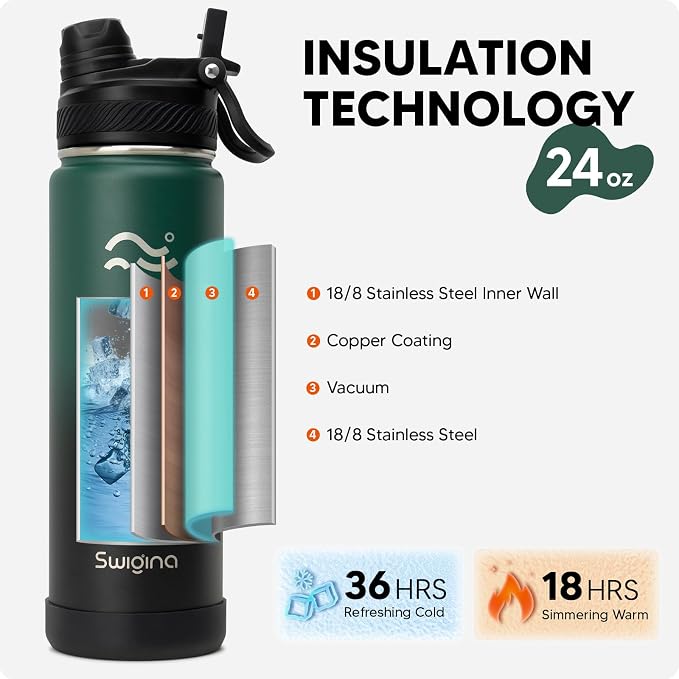 Swigina Insulated Water Bottle with Silicone Boot (36hrs Cold/18hrs Hot) - DIY Stickers, [2-in-1 Lid], BPA Free, 24 oz