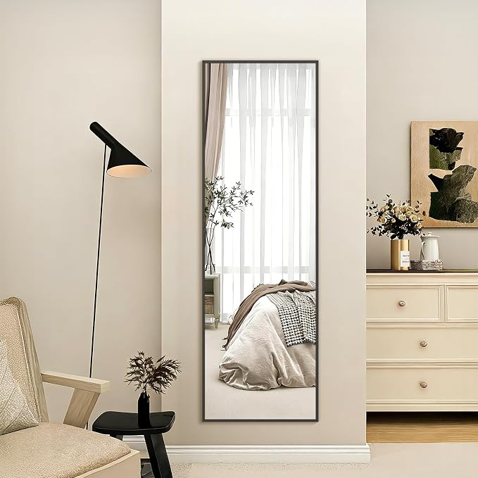 Mirrorons 56"x18" Black Full Length Mirror, Floor Standing or Wall Mounted with Hanging Kit, Shatterproof Tempered Glass Mirror for Living Room, Bedroom, Dressing Room, Gym