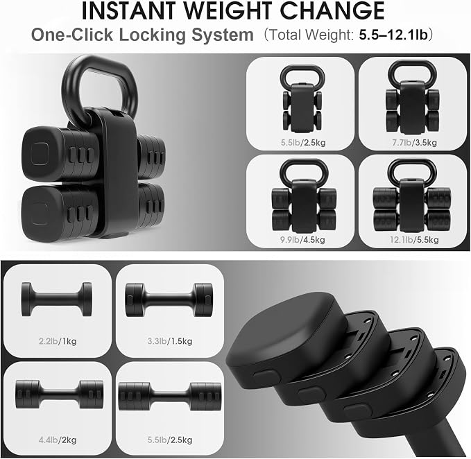 Adjustable 2-in-1 Convertible Kettlebell & Dumbbells Set, 4 in 1 Free Weights Dumbbell Set of 2, Each 2.2 3.3 4.4 5.5lb Quick Change Women Dumbbell Set for Home Exercise Training