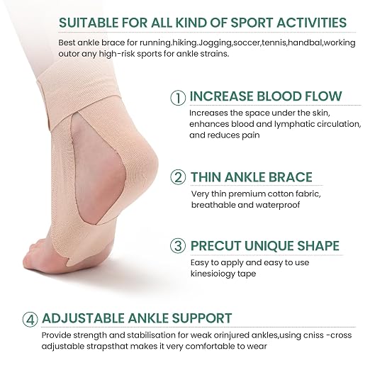 Welnove Kinesiology Tape, 12 Precut Ankle Tape, Provide Support for Ankle Ligament, Stability to The Target Area, Breathable K Tape for Daily use - Beige