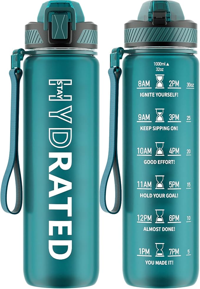 QLUR Water Bottle with Straw, 32oz Motivational Water Bottles with Time Marker to Drink, Tritan BPA Free, 1L Sports Water Bottle with Carry Strap LeakProof for Women Gym Fitness Outdoor (1 Pack)