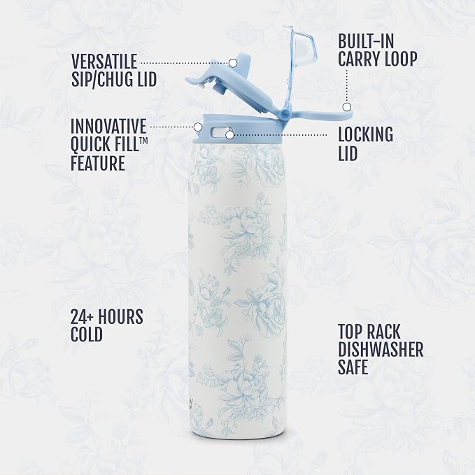 Ello Pop & Fill Insulated Stainless Steel Water Bottle with Quick Fill Lid, Leakproof Locking, Sip or Chug Spout, BPA-Free, Double Wall Vacuum Insulated for Sports, Travel & School- 22oz / 32oz / 40oz