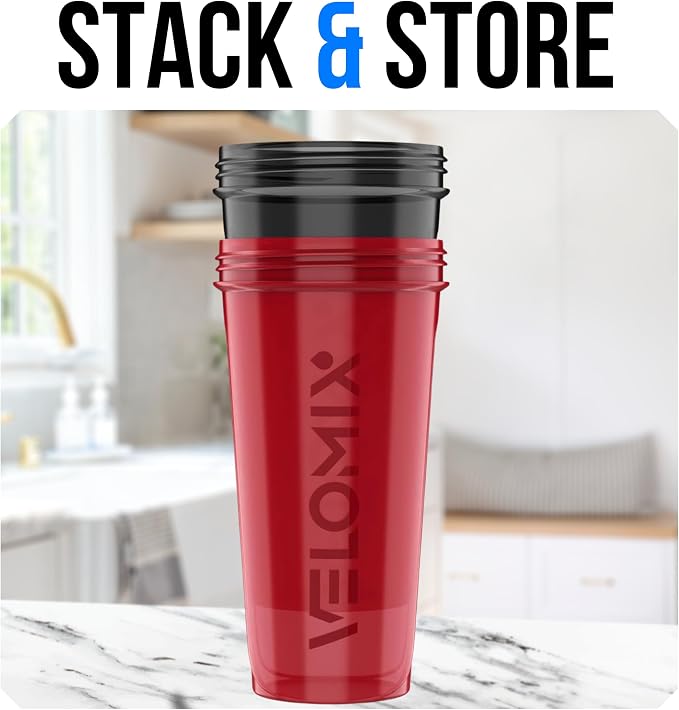 VELOMIX 2 Pack 28oz Protein Shaker Bottle for Protein Mixes, Red/Black | 2x Wire Whisk, Leak Proof Shaker Cups for Protein Shakes, Stackable, Dishwasher safe, BPA free, Pre Workout and Fitness ready