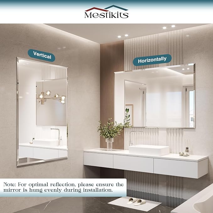 Frameless Bathroom Mirror 30"x48", Beveled Bathroom Mirror | 4mm Tempered Glass Shatterproof Wall Mount Mirrors for Bathroom Bedroom Entryway Vanity, Hangs Horizontally or Vertically