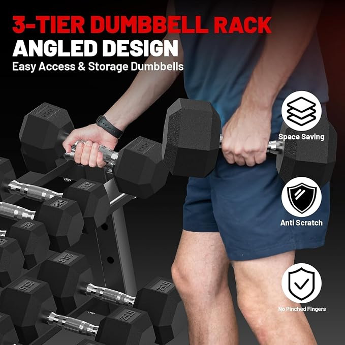 PAPABABE Dumbbell Set with Rack Dumbbells Rubber Encased Home Gym | PAPABABE Complete & Durable Cast Iron Core Odorless PVC Antiroll Hex Shape Ergonomic Chrome Handle Versatile Home Gym