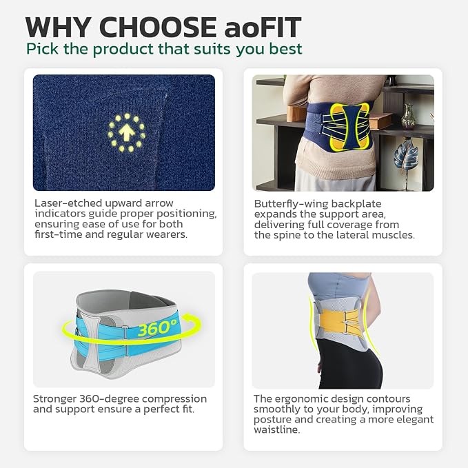 aoFIT Back Brace for Lower Back Pain Relief, Adjustable Lumbar Support Belt with Steel Plates, Dual Compression, Breathable 3D Knit Fabric, Slim Waist Design for Work, Gym, Sciatica, Herniated Disc M