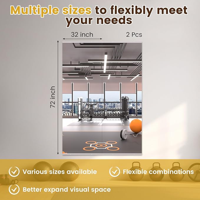 LOAAO Home Gym Mirror, 72"x32"-2 PCS Gym Mirrors for Wall, Frameless, Tempered Glass, Large Workout Mirrors for Home Gym, Dance Studio, Yoga Room, Garage Gym