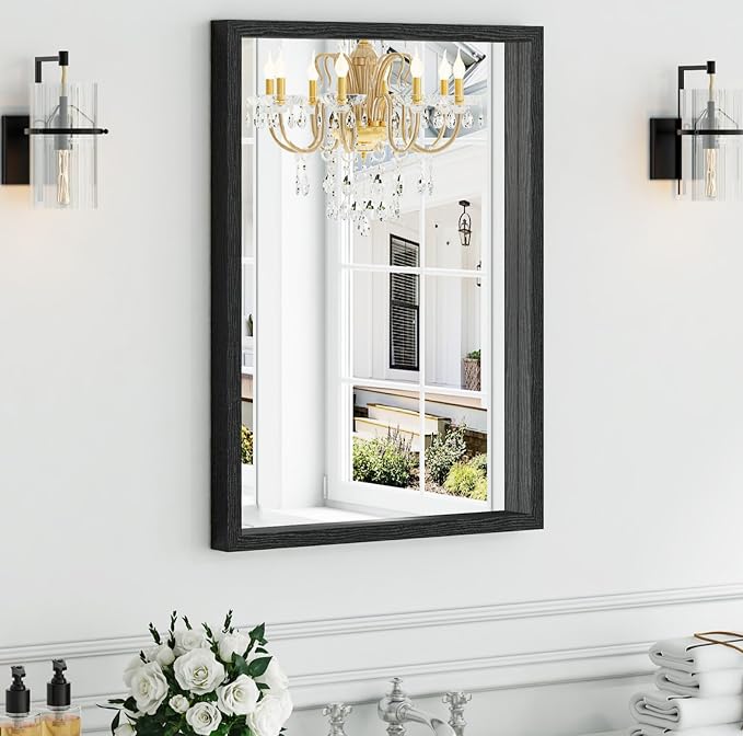 Syndra Black Wood Frame Bathroom Mirror, 22''x30'' Modern Vanity Mirror for Wall, Waterproof Slim Deep Frame, Rectangular HD Tempered Glass Mirror for Living Room, Bedroom, Entryway, Rustic, Farmhouse