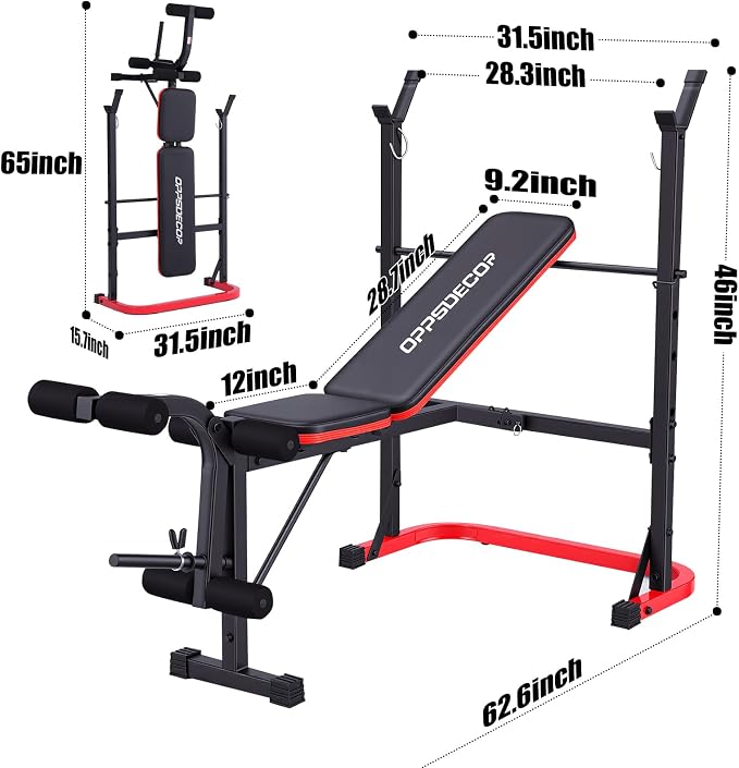 OPPSDECOR 661LBS Weight Bench Set, 8 in 1 Adjustable Bench Press with Squat Rack Leg Extension & Leg Curl Foldable Workout Bench with Safety Bar Catches Standard Weight Training Benches for Home Gym