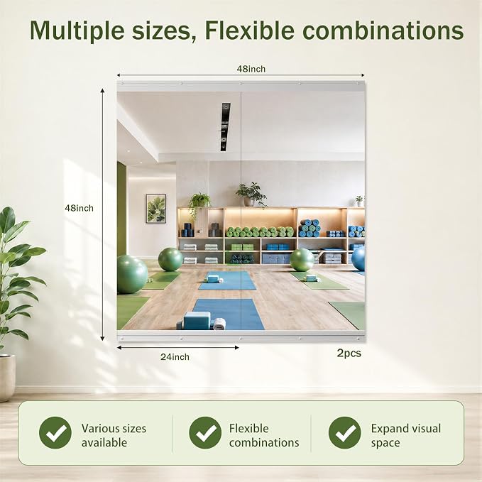 Home Gym Mirror, 48"x24"-2 PCS Gym Mirrors for Wall, Frameless, Tempered Glass, Large Workout Wall-Mounted Mirrors for Home Gym, Dance Studio, Yoga Room, Garage Gym, Silver
