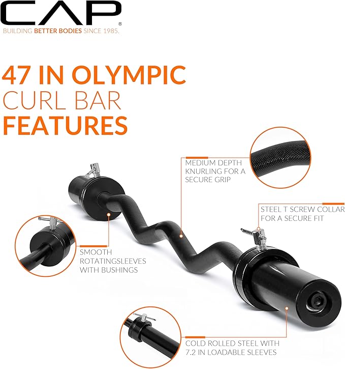 CAP 47" Olympic EZ Curl Bar | Heavy Duty Solid Steel, 200 lb Capacity