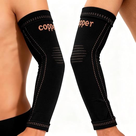 Arm compression Sleeve (1 Pair),Copper Elbow Compression Sleeve,Elbow Brace for Tennis Elbow Tendonitis,Full Arm Sleeve for Men & Women,Sports Support & Recovery (Black, Medium)