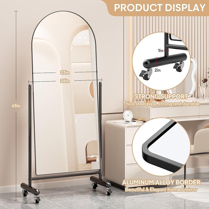 Large Arched Full Length Mirror on Wheels, Rolling Tilting Swivel Floor Mirror 65" x 23.6" with Tempered Glass and Metal Frame, Modern Dressing Mirror Body Mirror, Home Decor, Black