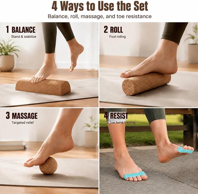 Cork Balance Board, 4-in-1 Foot Massage & Balance Trainer Set with Foot Roller, Massage Ball and Toe Resistance Bands, Foot and Ankle Strengthener Kit for Runners, Yoga and Mobility