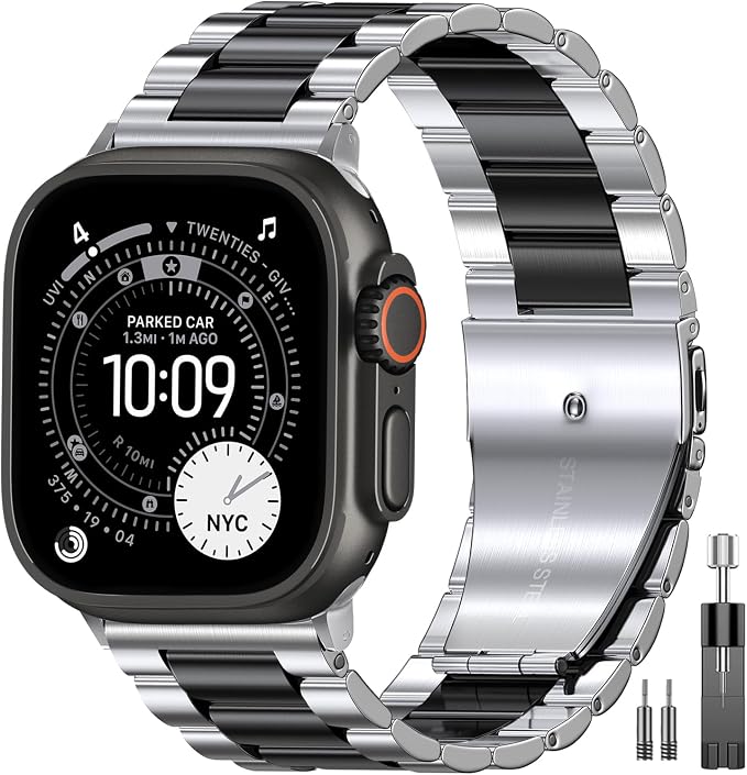 EPULY Compatible with Apple Watch Band 42mm 44mm 45mm 38mm 40mm 41mm, Business Stainless Steel Metal Wristband for iWatch SE & Series 7 6 5 4 3 2 for Men (Silver+Black, 45mm 44mm 42mm) | Stainless Steel Strap Suitable for Business Setting & Everyday We...
