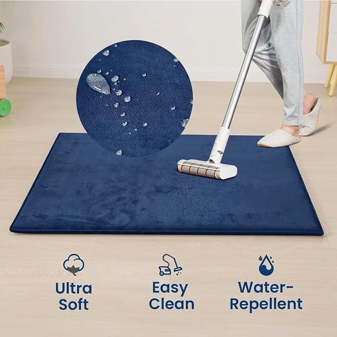 Baby Play Mat for Floor,1.3" Thick Elasti-Foam Large 59"×71" Playpen Mat,Non-Toxic Certified Water-Repellent Coral Velvet, Non-Slip Safe Crawling Mat for Tummy Time, Toddler & Infant(Dark Blue)