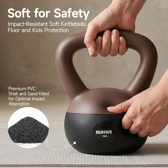 RUNWE Soft Kettlebell 5lb 10lb 15lb 20lb 25lb 30lb, Sand Filled Quiet Floor-Friendly Kettlebell, Anti-Slip Home Gym Fitness Equipment for Apartment Postpartum Recovery, Safety for Women Men & Beginner