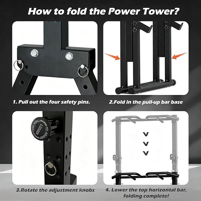 Foldable Power Tower Pull Up Bar Station, Adjustable Height | 700lbs Loading,Free Standing Pull Up Power Tower Station,Portable and Space Saving,fits Woman and Man, Mulit-grips,