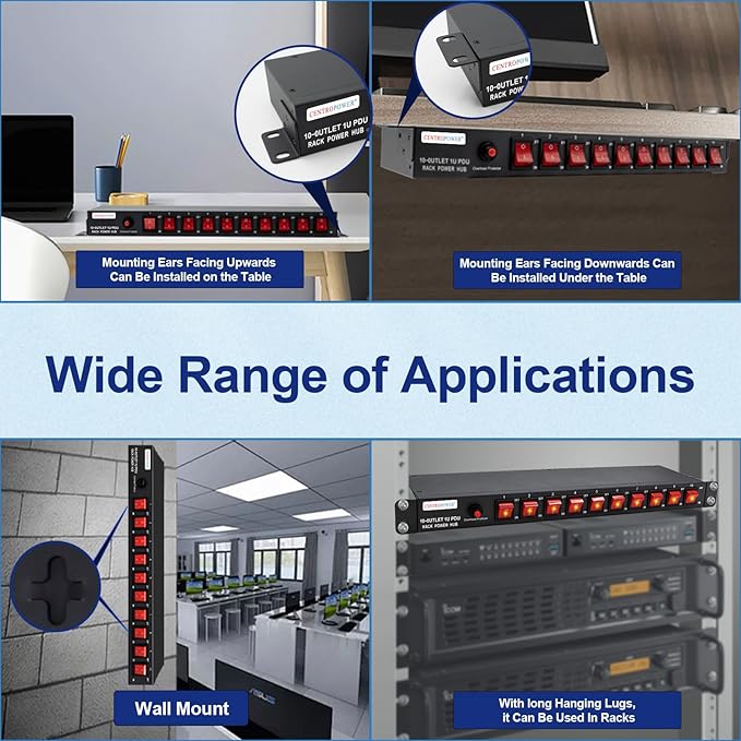 1U PDU Horizontal Rackmount Power Strip - Overload Protector | 10 NEMA 5-15R Outlet, 100V-240V/15A, 1800 Joules, 10 Independent LED Switches, 6 ft Cord