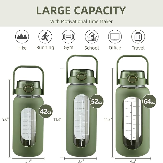 52 oz Glass Water Bottle with 2-in-1 Straw Lid Large Half Gallon Water Bottle with Time Marker & Removable Silicone Sleeve,Wide Mouth BPA-Free Borosilicate Bottle for Gym, Workout & Daily Use