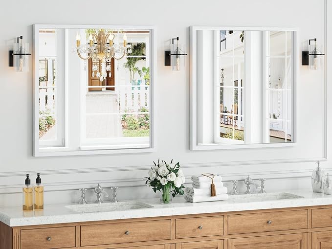 Syndra Square White Wood Frame Bathroom Mirror, 32''x32'' Modern Vanity Mirror for Wall, Waterproof Slim Deep Frame, HD Tempered Glass Mirror for Living Room, Bedroom, Entryway, Rustic, Farmhouse