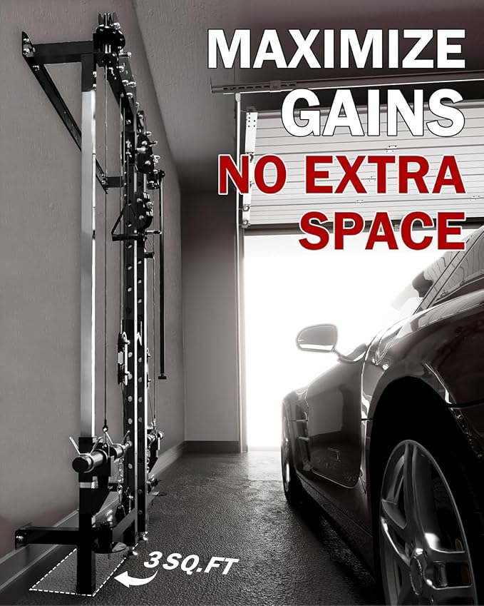 Mikolo Folding Squat Rack, Wall Mounted Power Rack with Cable Crossover Machine & LAT Pull Down, Functional Trainer with 5 Adjustable Function Modes, Home Gym Package