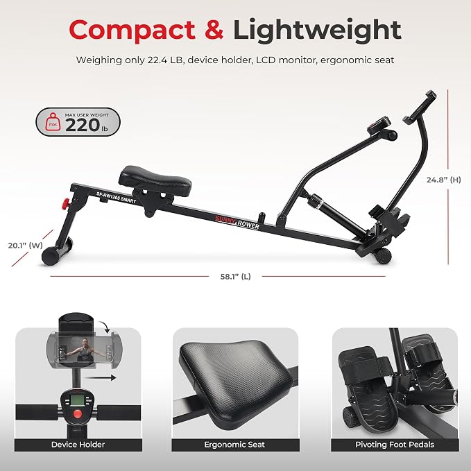 Sunny Health & Fitness Compact Hydraulic Rower with 12-Level Resistance | Full-Body Cardio, Joint-Friendly, Lightweight & Portable, Quiet & Smooth Ride, Easy-Assembly, Free SunnyFit App