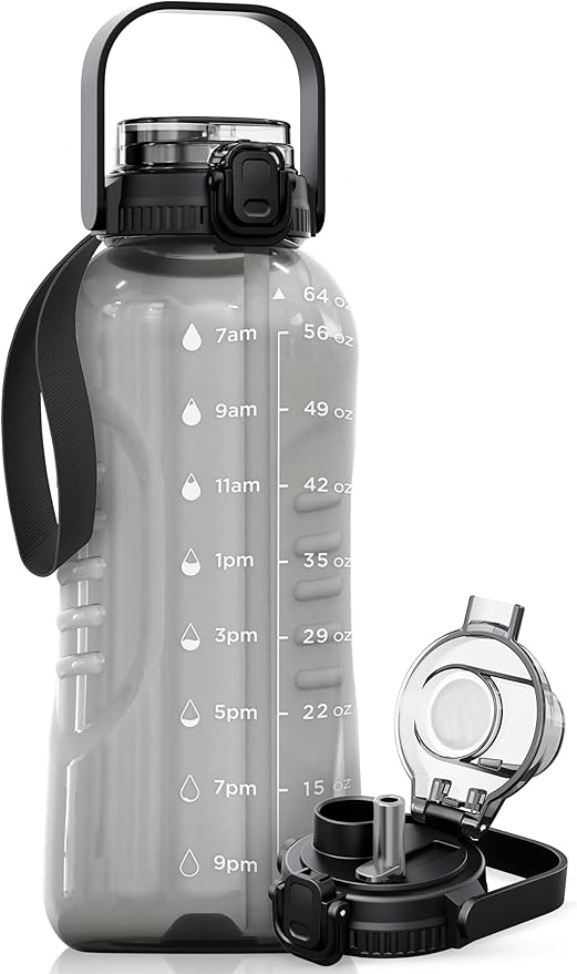 AQUAFIT 64 oz Water Bottle with Handle, 2in1 Lid | BPA Free Half Gallon Water Bottle with 2in1 Straw and Chug Lid - Leakproof Gym Water Bottle with Time Marker (Gray)