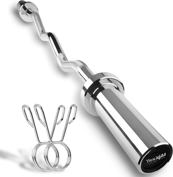 Yes4All Standard Straight Barbell 60" & EZ Curl Bar 47", Capacity 200 to 480 LB, Weight Bar 1" to 2" Diameter - Star Lock Collars, Rubber Ring, Barbell Spins Included for Deadlifts & Squats