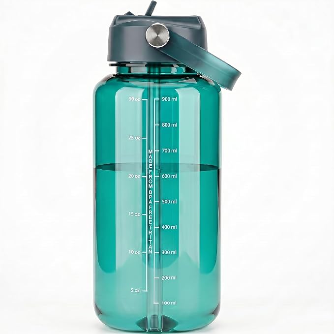 OLDLEY 32oz Water Bottle with Straw,Leakproof Tritan Clear Bottle with Marked Bottle and Carry Handle, BPA-Free Wide Mouth Reusable Sports Water Bottle for Gym,Hiking, Camping, Travel, Workout,Lagoon