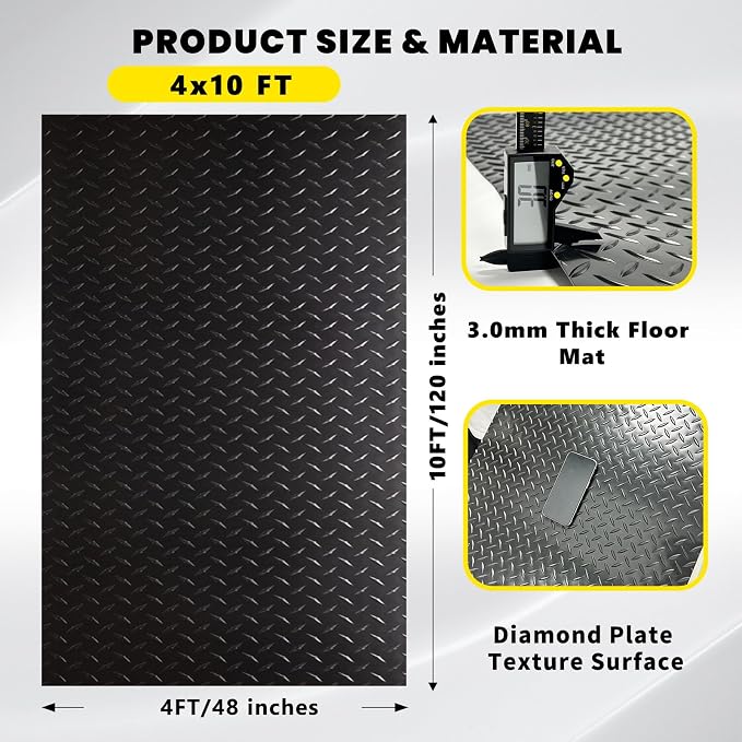 4x10 FT Garage Floor Mat, 2.8mm Thickened (Black) | Diamond Plate PVC Rubber Flooring Roll Covering Non-Slip Floor Protector for Under Car Parking/Garage/Warehouse/Gyms/Trailer