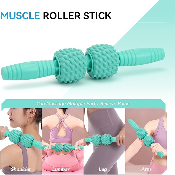 5 in 1 Foam Roller Set, High Density Patented Exercise Roller | Deep Tissue Massage Roller Stick, Massage Ball, Resistance Band for Pilates, Yoga, Whole Body Fitness Exercise,Tiffany Green