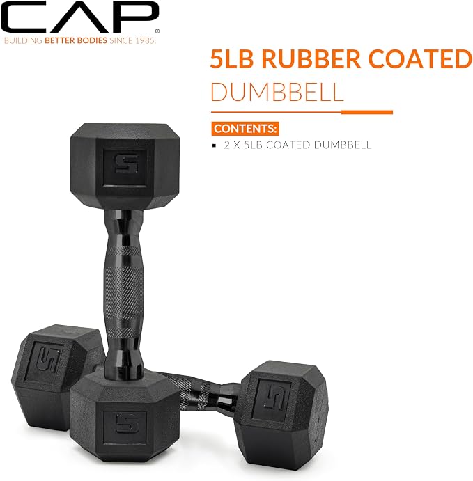CAP Rubber Coated Dumbbell Weights, Free Weights for Home Gym Strength Training, Anti-Roll Hex Dumbbells with Black, Chrome & Comfort Grip Handles, Pairs & Sets