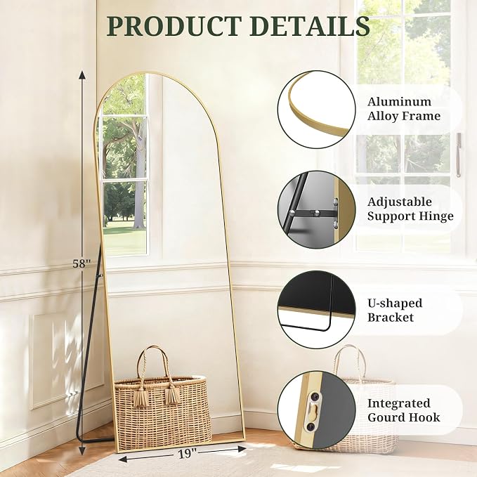 Mirror Full Length 58"x19", Arched Full Body Floor Mirrors with Stand | Shatterproof Glass, Aluminum Alloy Frame, Free Standing, Wall Mounted or Leaning for Bedroom Living Room Entryway