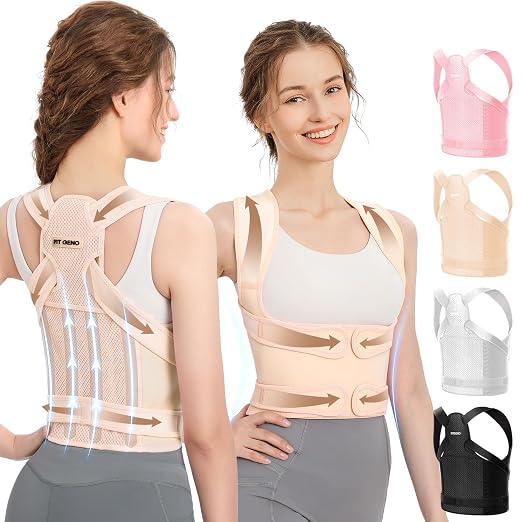 Fit Geno Posture Corrector for Women & Men, Upper Back Alignment Brace for Rounded Shoulders, 4 Flexible Fiberglass Support Stays, Breathable Mesh, Adjustable Fit for Desk Work & Daily Activities | 4 fiberglass stays with breathable mesh gently pull yo...