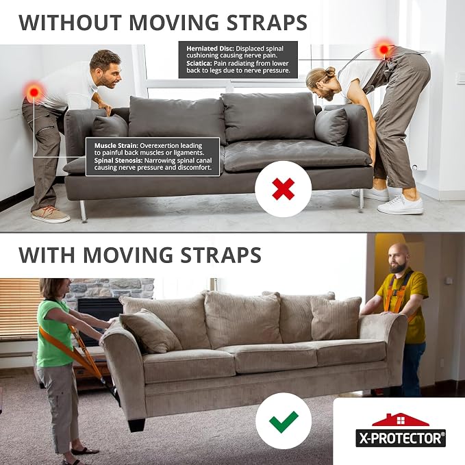 X-Protector Moving Straps - 2 Pairs - Orange Lifting Straps for 2 Movers | Move Furniture Easily and Safely - Perfect for Lifting and Moving Heavy Objects! (with Back Support, Orange)