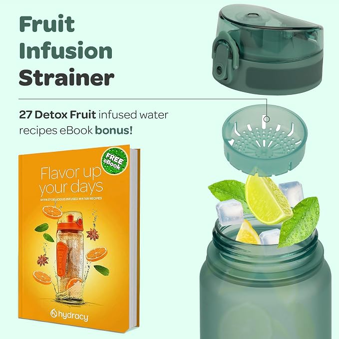 Hydracy Motivational Water Bottle with Time Marker & Fruit Infuser 32 oz | BPA-Free Tritan, Leakproof Flip-Top Lid,No-Sweat Sleeve,Carry Strap,Daily Intake Tracking for Gym,Sports,Outdoors