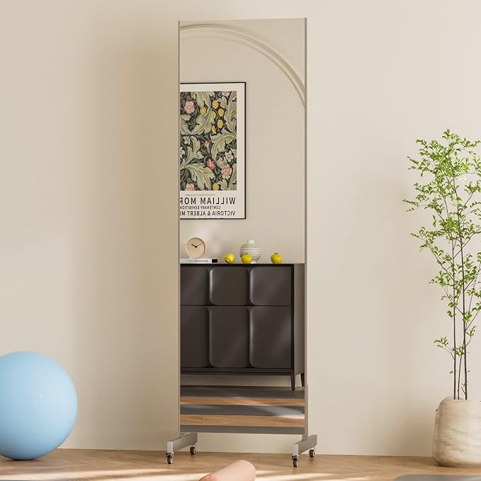 brisafe 63"x20" Ultra-Light Mobile Floor Mirror with 360° Wheels, 0.04mm Shatterproof Nano Film for Home Gym/Yoga/Dance Studio & Commercial Use | 60% Insurance Savings | Silver