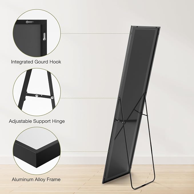OLIXIS 59"x16.6" Full Length Mirror, Full Body Mirror with Stand | Aluminum Alloy Thin Frame, Free Standing Mirrors for Bedroom, Hanging or Leaning Floor, Living Room Bedroom, Black