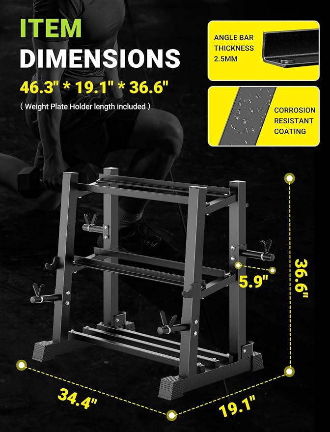 YOLEO Dumbbell Rack Stand Only, 1100LBS Heavy Duty Weight Rack for Home Gym, Adjustable 3-Tier Weight Storage Rack for Dumbbells, Barbells, Kettlebells & Weight Plates, Compact Workout Equipment Organizer