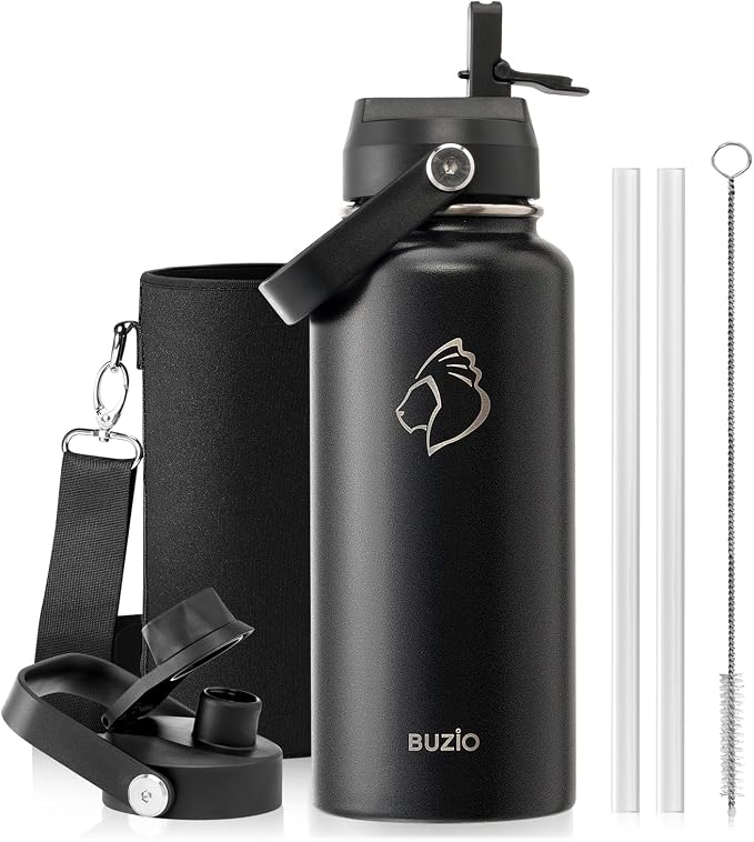 BUZIO Insulated Stainless Steel Water Bottle 32 oz with Straw & Spout Lids | Triple Wall Insulated Tumbler (Dishwasher Safe) ,Cold for 48 Hrs/Hot for 24 Hrs, Leakproof, BPA-free, for Sports, Gym, School