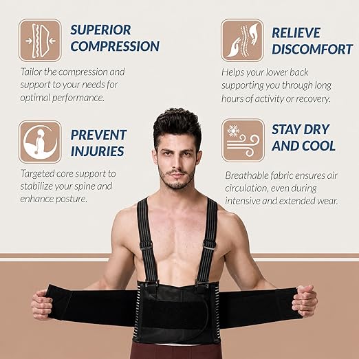 NeoTech Care Back Brace with Suspenders for Work - Industrial Lifting Safety, Elastic Compression, Hook & Loop Closure (Black, Size S)