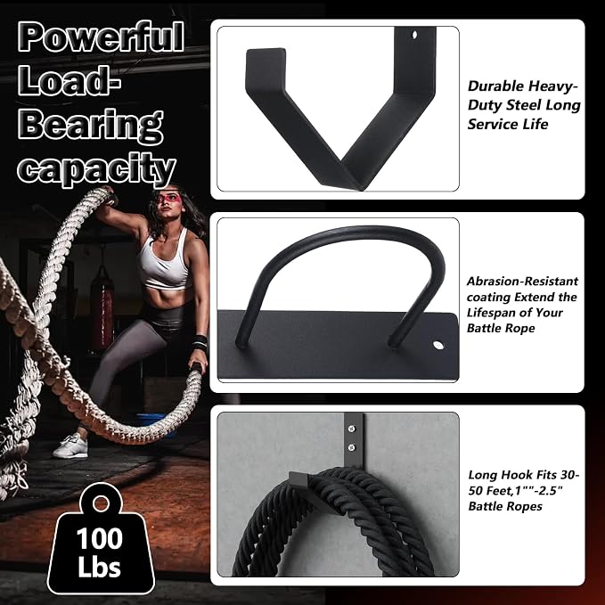 Battle Rope Wall Mount Kit, Heavy Duty Steel Anchor and Storage Hook for 30-50 Feet,1"-2.5" Ropes, Black