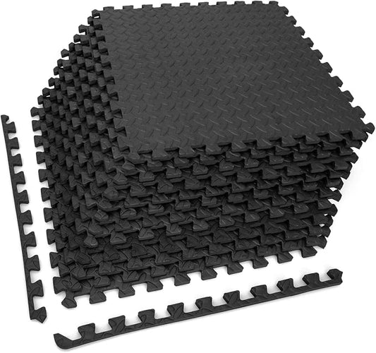 Tangkula 12 Tiles Exercise Flooring Mats with Border, Non-Slip EVA Foam Protective Mats, Elastic Puzzle Play Mats, 1/2" Interlocking Floor Mats for Home Gym, Fitness Room, Workshop Equipment (Black)