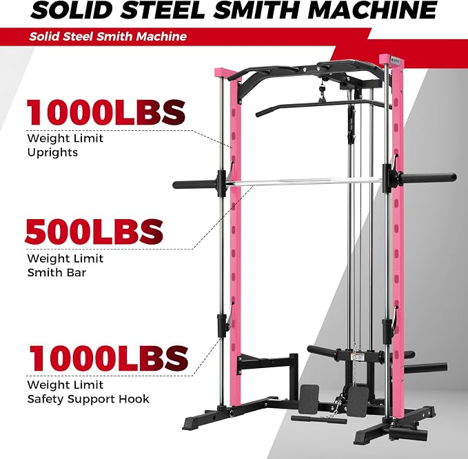 RitFit Smith Machine Power Rack with LAT-Pull Down System | Half Smith Machine with Landmine, Barbell Bar, Plate Storage Pegs and More Training Attachment