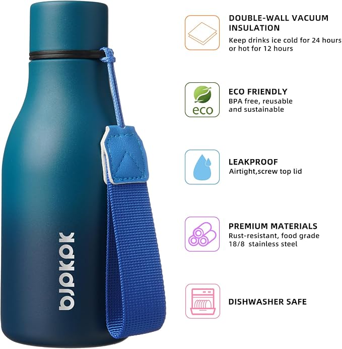 BJPKPK 12oz Insulated Water Bottle, Stainless Steel Bottle with Carry Strap | Keep Cold & Hot Vacuum Insulation, Leak-Proof BPA-Free Design, Slim Bottle Fits Most Cup Holders for Gym, Office & Travel